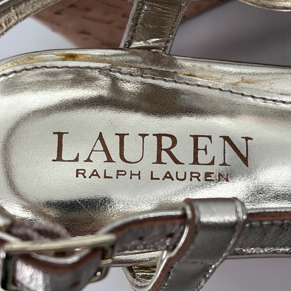 Lauren Ralph Lauren Gold Strappy Cork Wedge Sandals Womens 7.5 Adjustable Strap - Picture 7 of 14